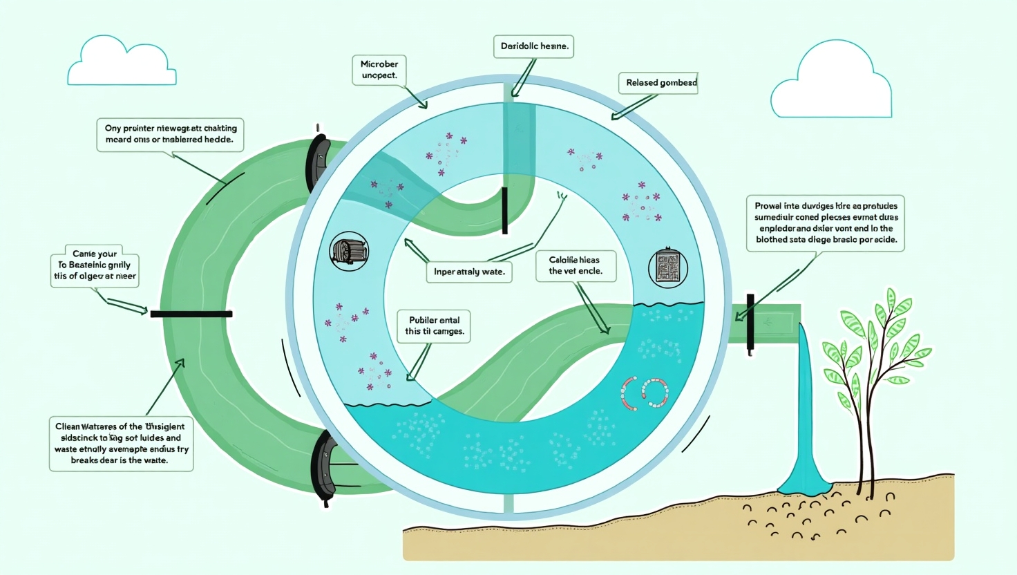 Biodigester process infographic showing how waste is converted to clean water and biogas